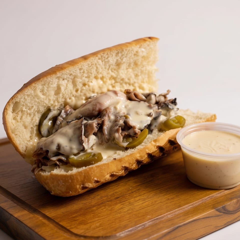 Cheesesteak sandwich with mushrooms, peppers, and a side of sauce on a wooden board.