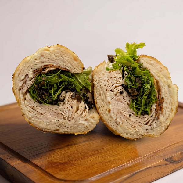 Two sliced wraps filled with leafy greens and dark crumbled toppings sit on a wooden serving board.