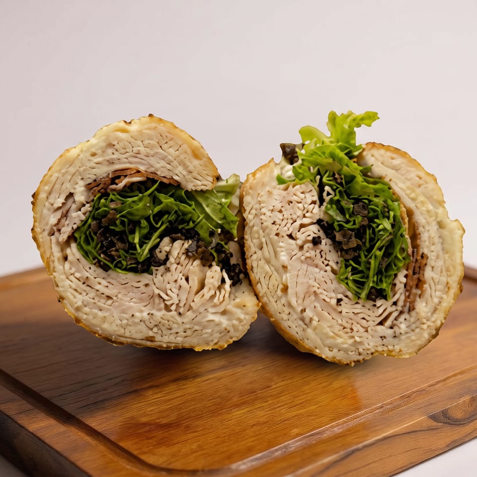 Two sliced wraps filled with leafy greens and dark mushroom pieces sit on a wooden serving board.