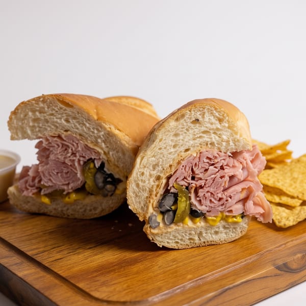 A sliced ham sandwich with black beans, pickles, and mustard, served with tortilla chips and dip.