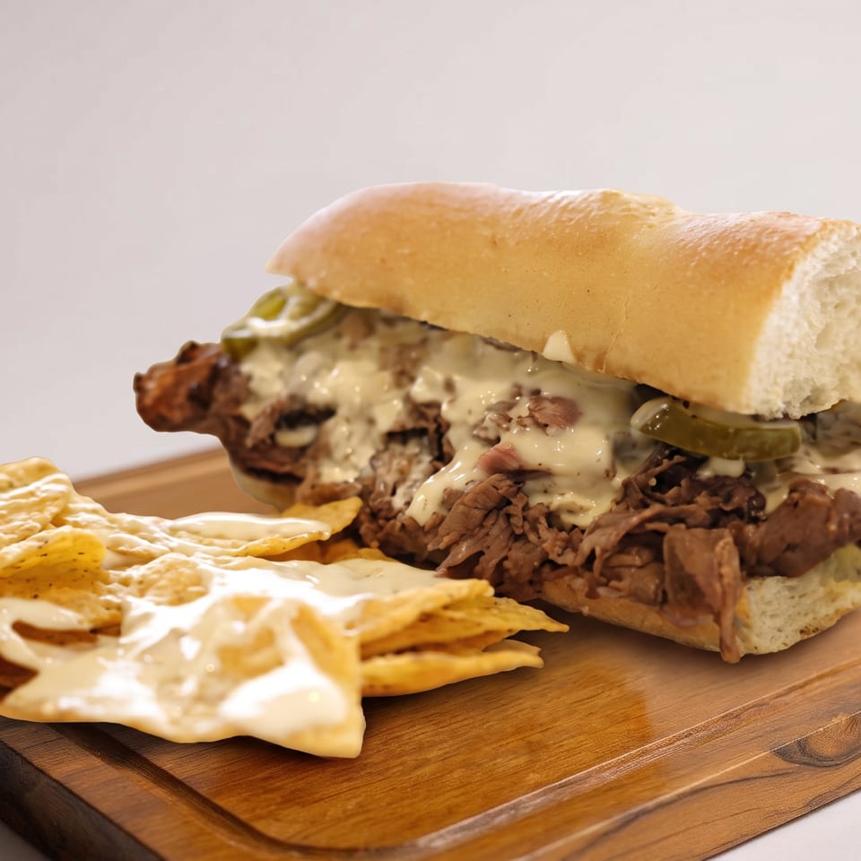 Loaded steak sandwich with melted cheese and pickles served alongside cheese-covered tortilla chips on a wooden board.