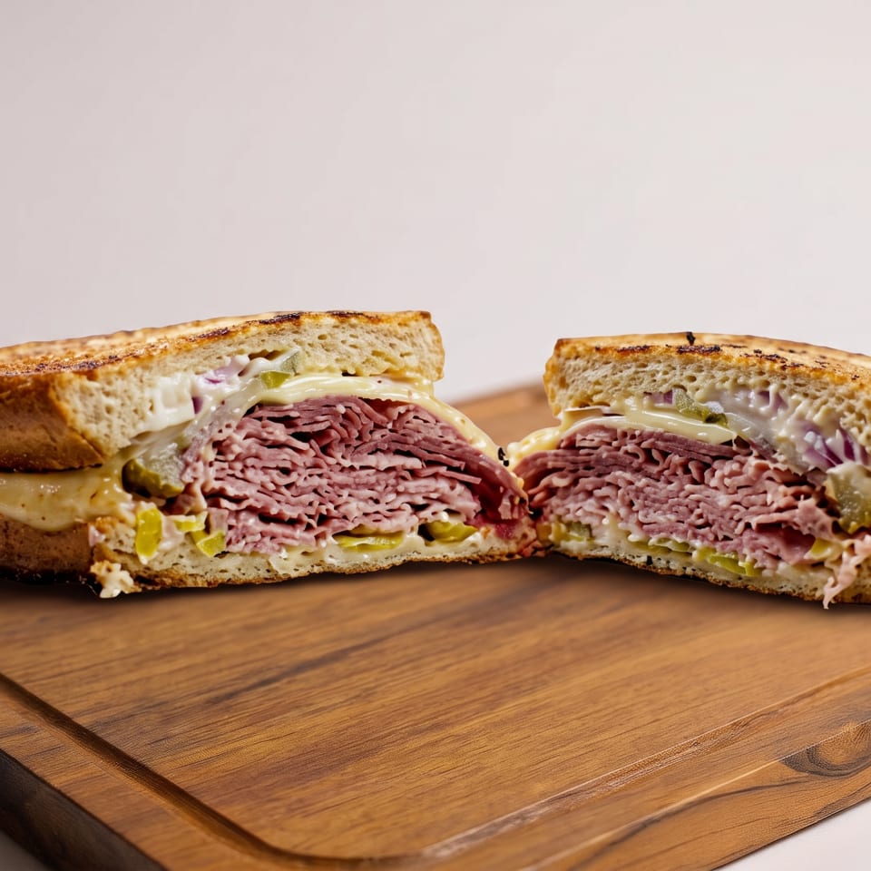 Grilled deli meat sandwich halves with melted cheese, pickles, and creamy dressing on a wooden cutting board.